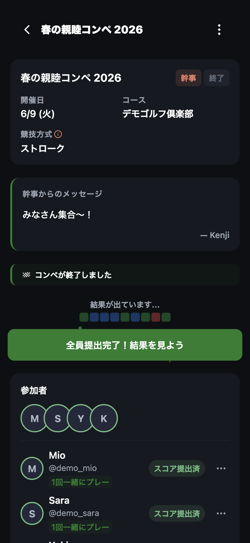 コンペ管理画面。参加者それぞれが『スコア提出済』になり、幹事はハンデ計算を待つだけ。
