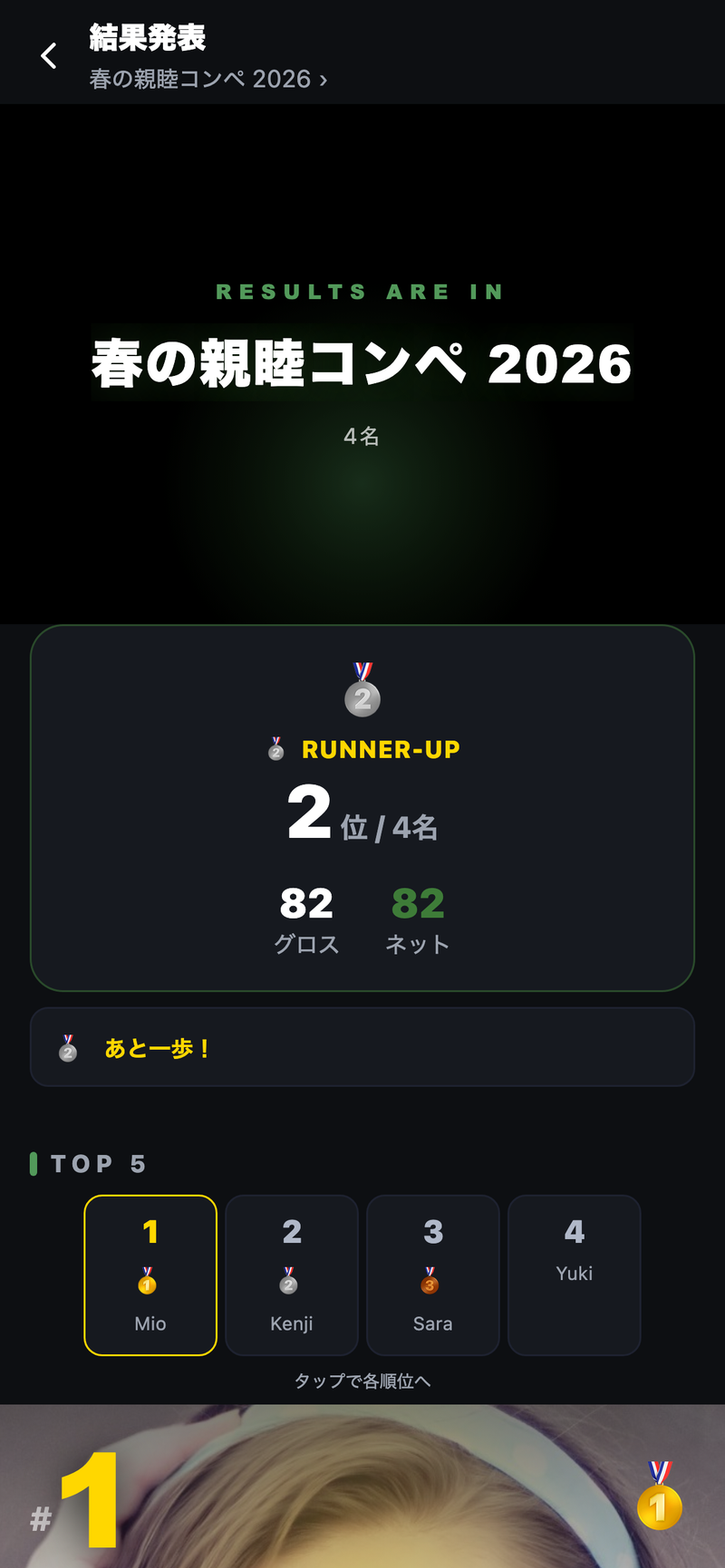 コンペ結果発表画面。RESULTS ARE IN、TOP5、1位はスポットライトの中でチャンピオンとして発表される。