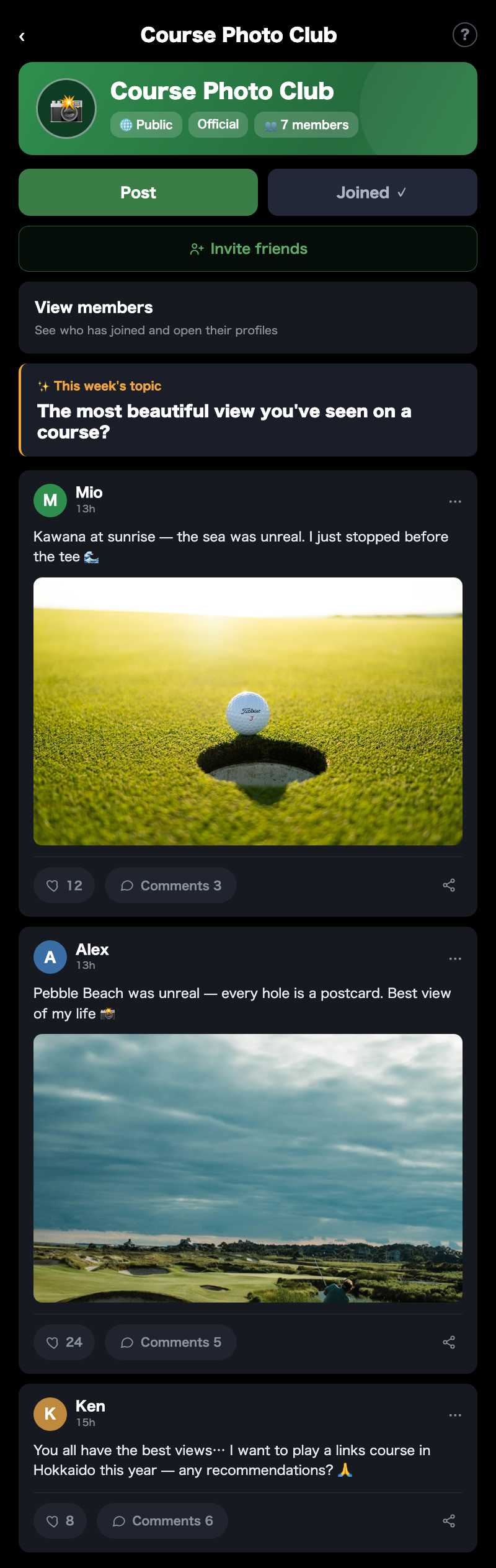 The actual ROUNDIE community screen. 'Course Photo Club' — public, official. Members answer this week's prompt, 'The most beautiful view you've seen on a course?': Mio with a sunrise-green photo, Alex with a seaside links photo, and Ken with a text-only post asking for links recommendations in Hokkaido. Both photos and text posts draw hearts and comments.