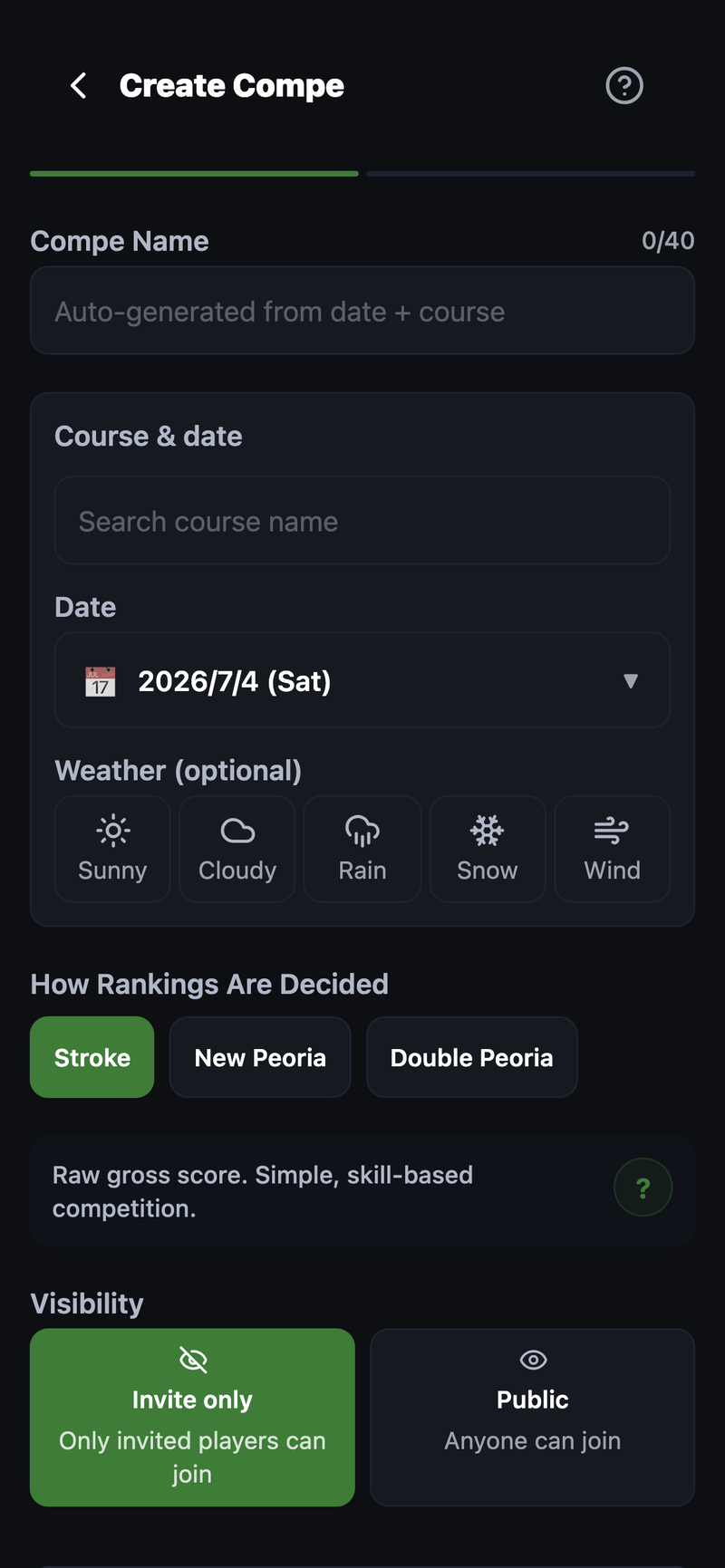 Competition setup screen. Just pick a name, course, date, and scoring format (Stroke / New Peoria / Double Peoria).