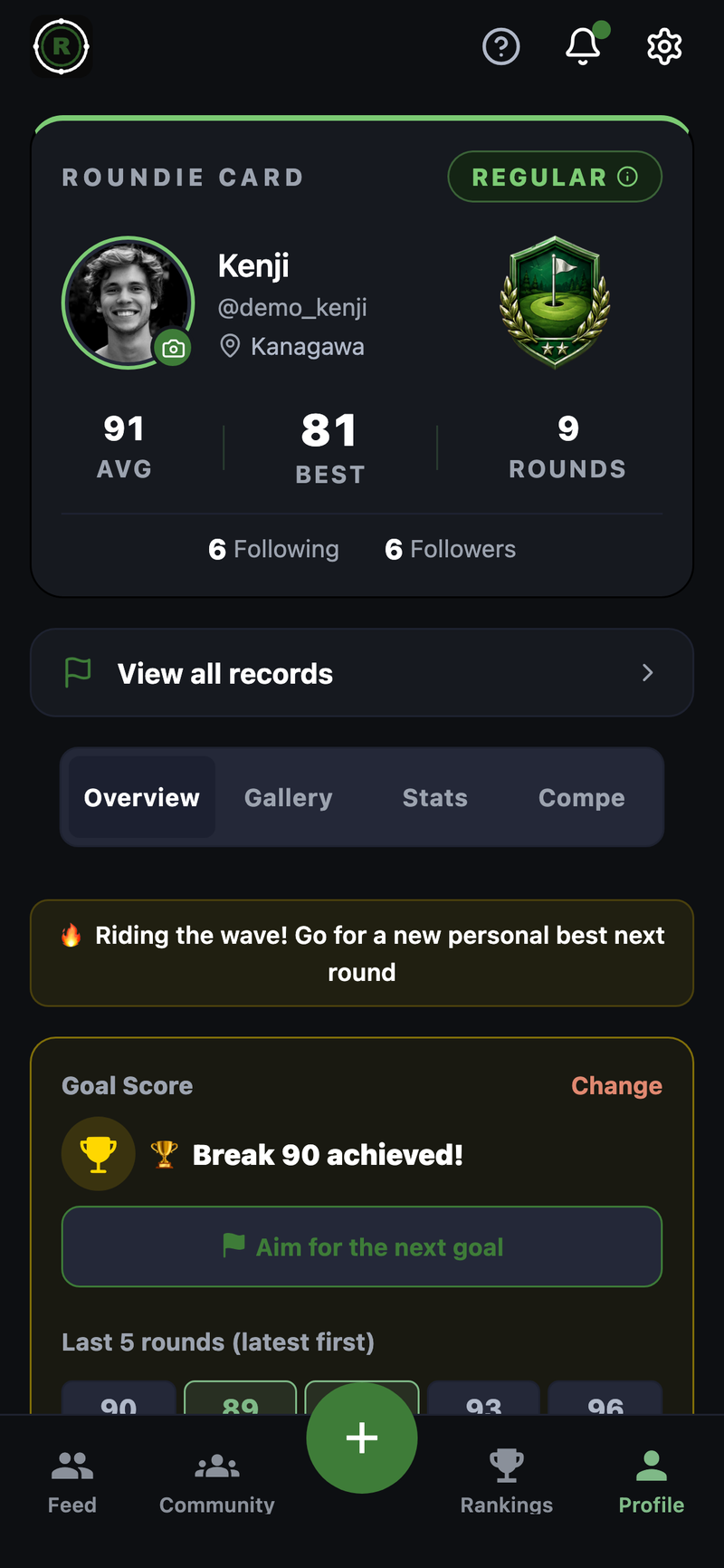 The actual ROUNDIE profile page (ROUNDIE CARD). The REGULAR rank emblem, average, best, round count, goals, and the trend of the last 5 rounds — all on one card.