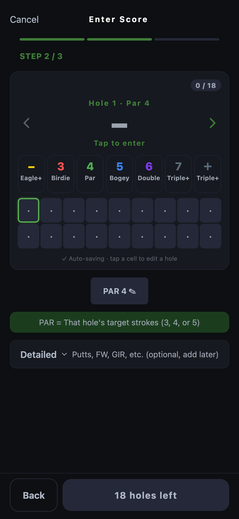 The actual ROUNDIE score entry screen. For Hole 1, Par 4, you tap the color buttons — eagle, birdie, par, bogey, double bogey, triple — and the 18-square grid fills in automatically.