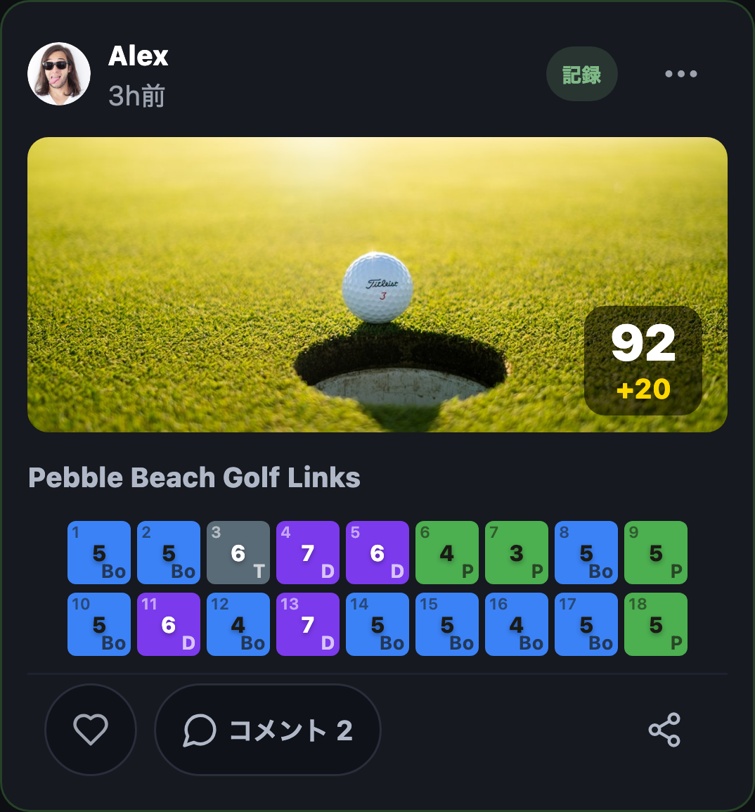 ROUNDIE の実際のフィード投稿。Alex さんの Pebble Beach Golf Links・スコア92。コースの景色の写真の下に、18ホールの結果を色にしたグリッド。ハートとコメント2がついている。