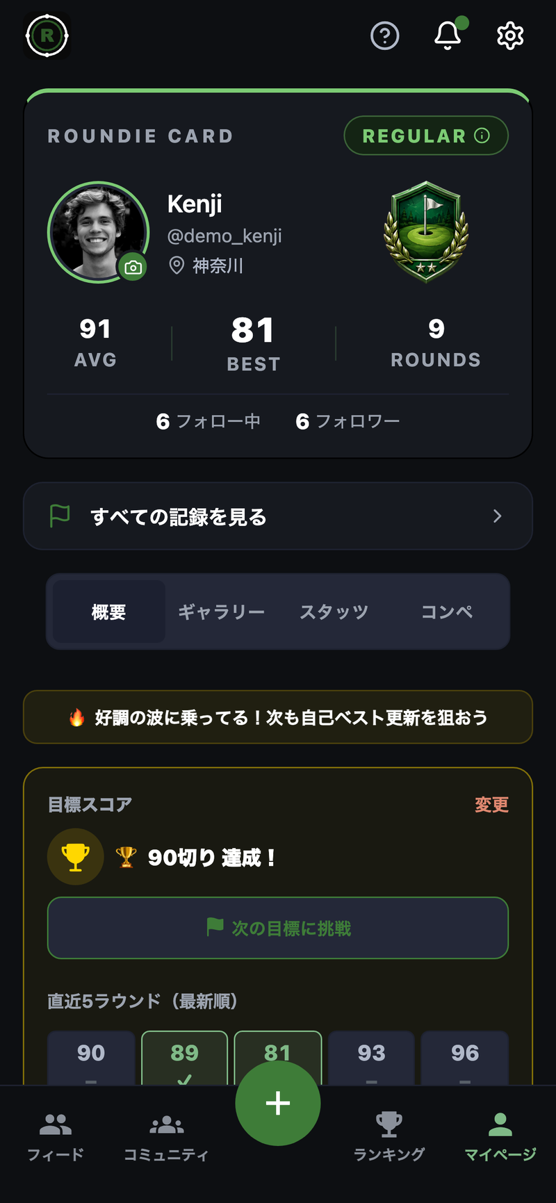ROUNDIE の実際のマイページ（ROUNDIE CARD）。称号REGULARのエンブレム、平均・ベスト・ラウンド数、目標、直近5ラウンドの推移が一枚にまとまっている。